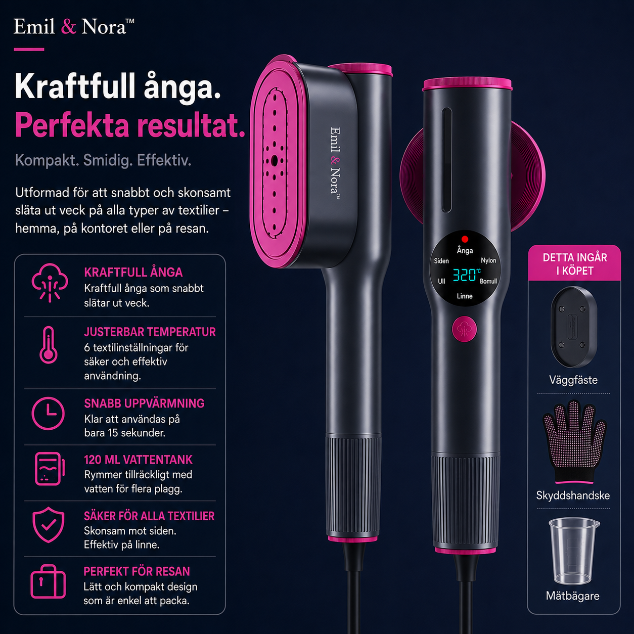 Emil & Nora™ – Travel Steamer Pro – Släta kläder på bara 15 sekunder – utan strykbräda