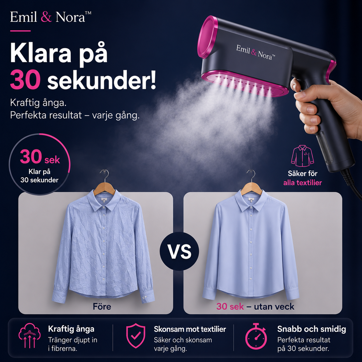Emil & Nora™ – Travel Steamer Pro – Släta kläder på bara 15 sekunder – utan strykbräda